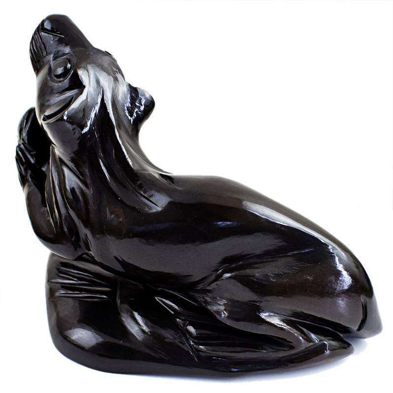 gemsmore:Gorgeous Black Obsidian Hand Carved Sea Lion With Fish In Hand