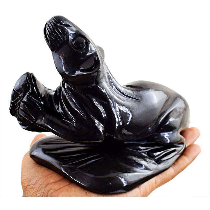 gemsmore:Gorgeous Black Obsidian Hand Carved Sea Lion With Fish In Hand