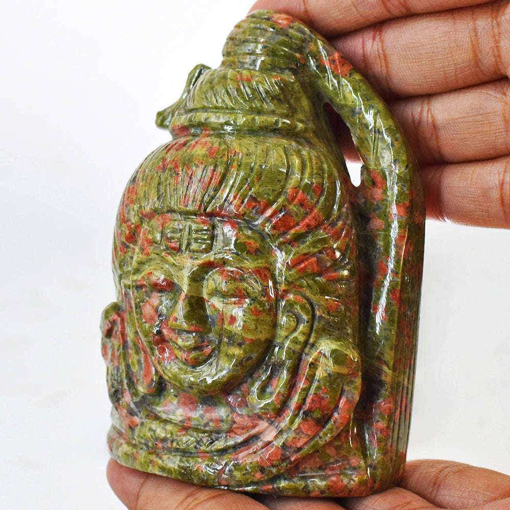 gemsmore:Gorgeous  Blood Green Unakite Hand Carved Lord Shiva Head Carving Gemstone