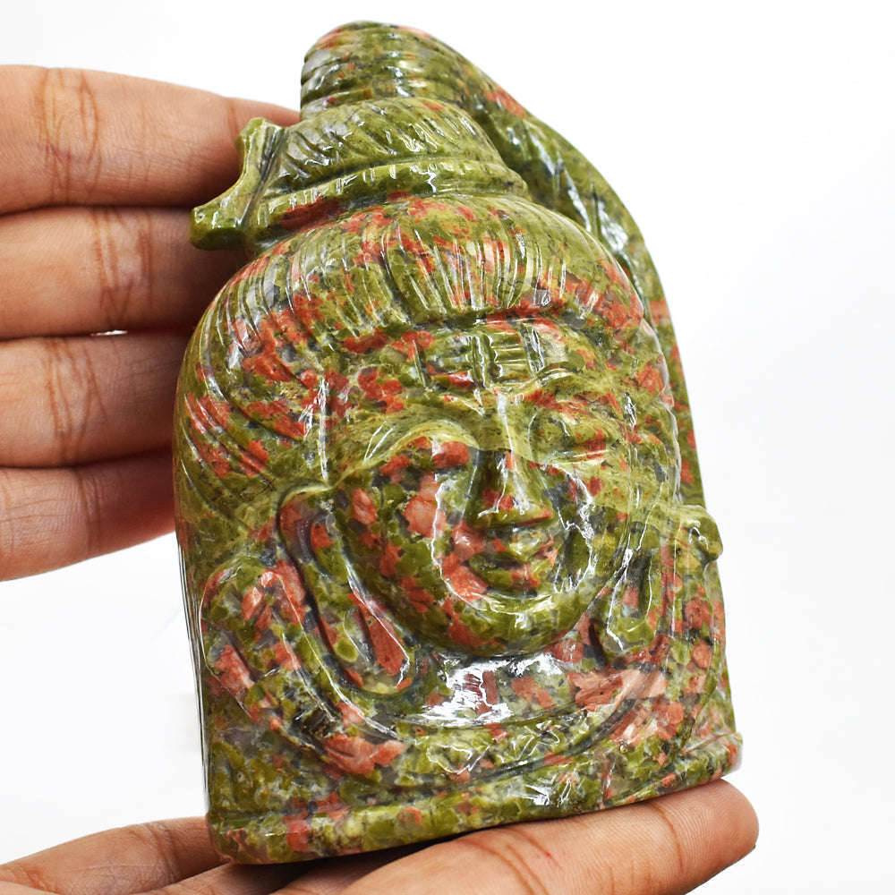 gemsmore:Gorgeous  Blood Green Unakite Hand Carved Lord Shiva Head Carving Gemstone
