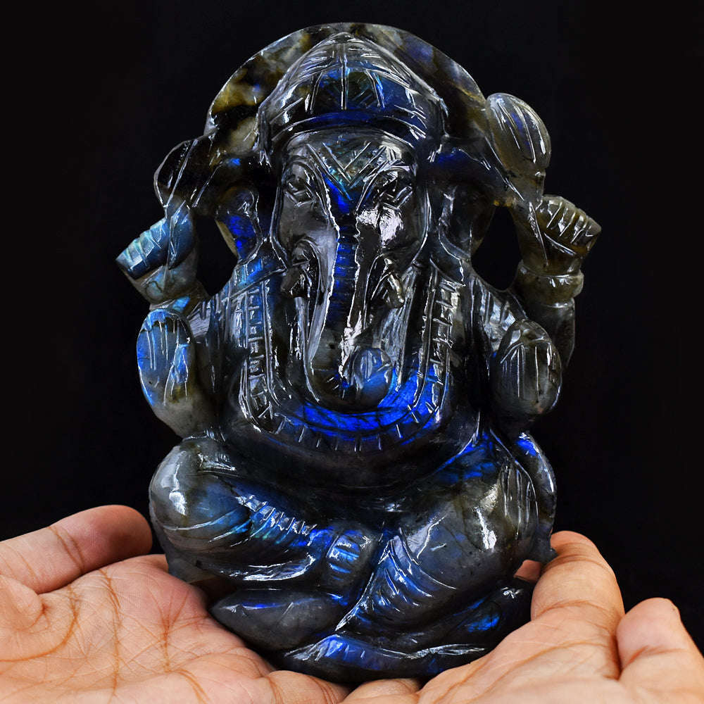 gemsmore:Gorgeous Blue Flash Labradorite Hand Carved Crystal Gemstone Carving Lord Ganesha