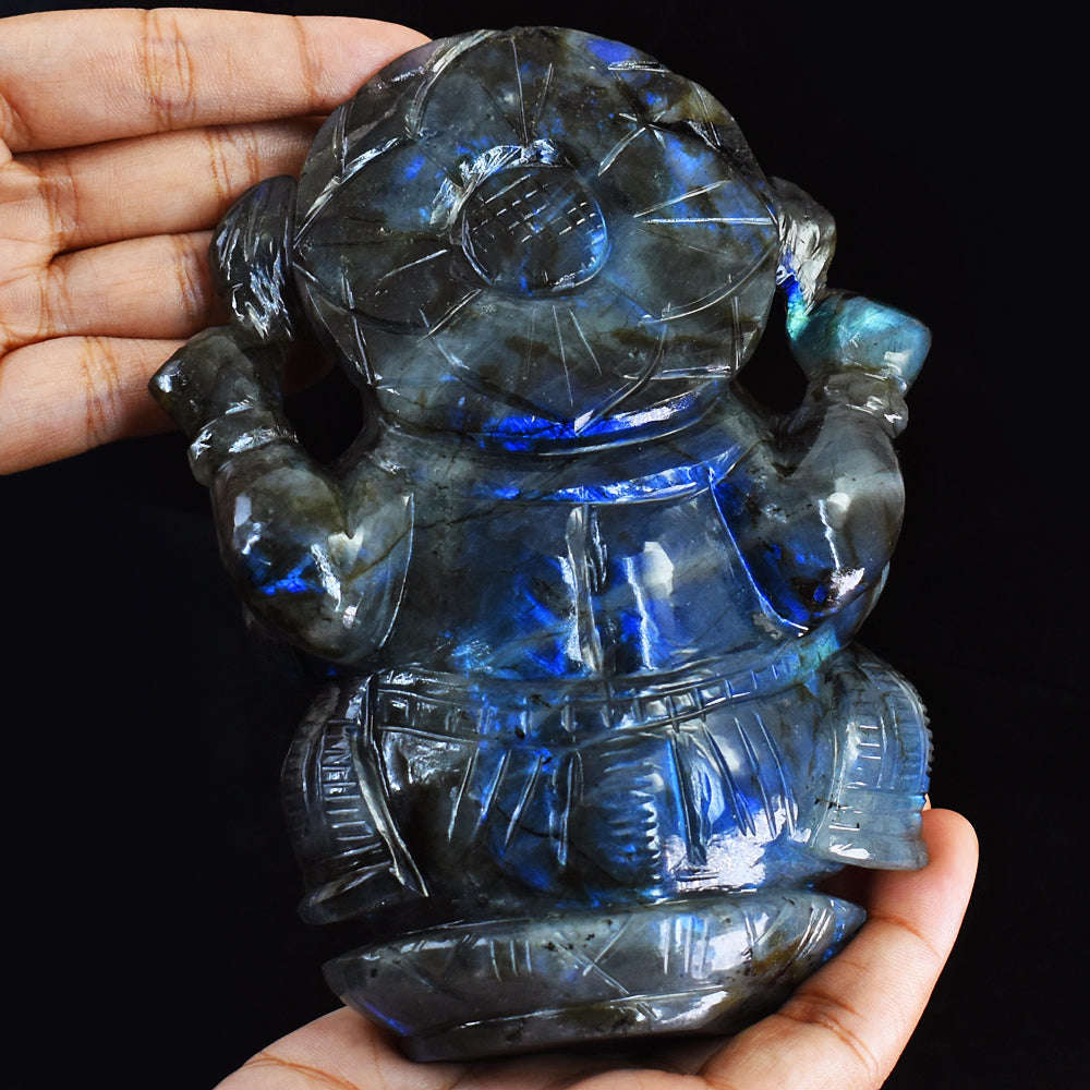 gemsmore:Gorgeous Blue Flash Labradorite Hand Carved Crystal Gemstone Carving Lord Ganesha
