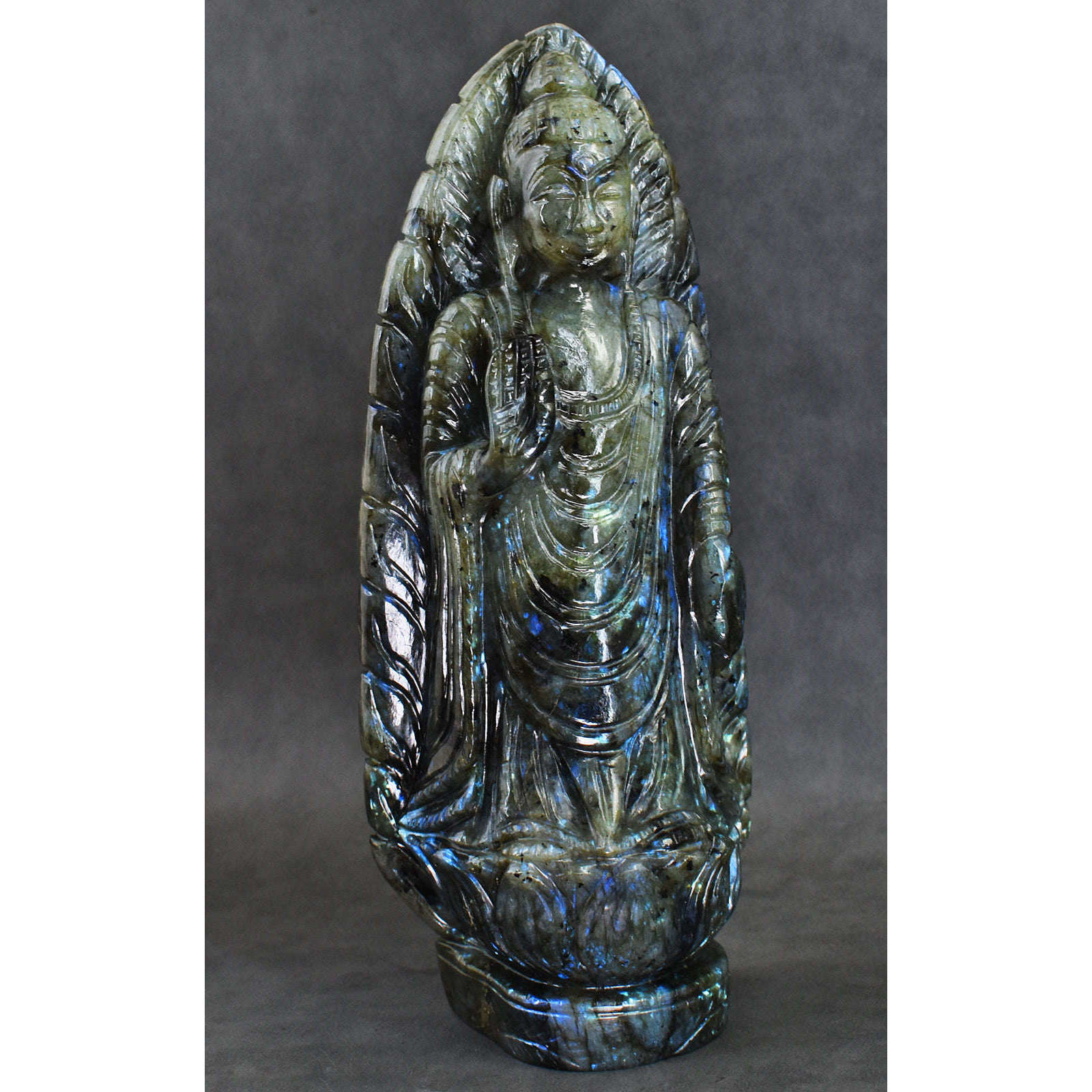 gemsmore:Gorgeous Blue Flash Labradorite Hand Carved Lord Buddha Statue Carving
