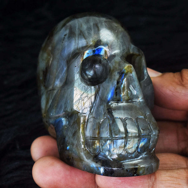 gemsmore:Gorgeous Blue & Golden Flash Labradorite Hand Carved Skull  Gemstone