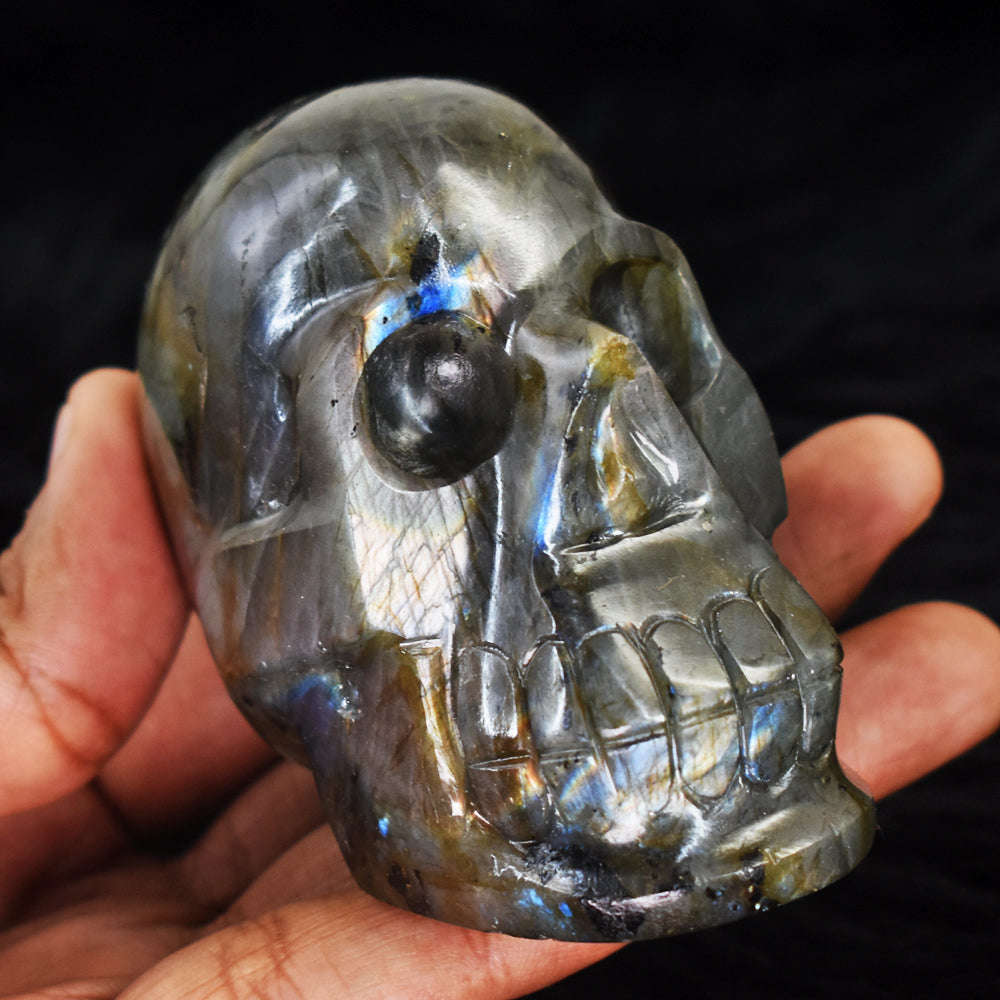 gemsmore:Gorgeous Blue & Golden Flash Labradorite Hand Carved Skull  Gemstone