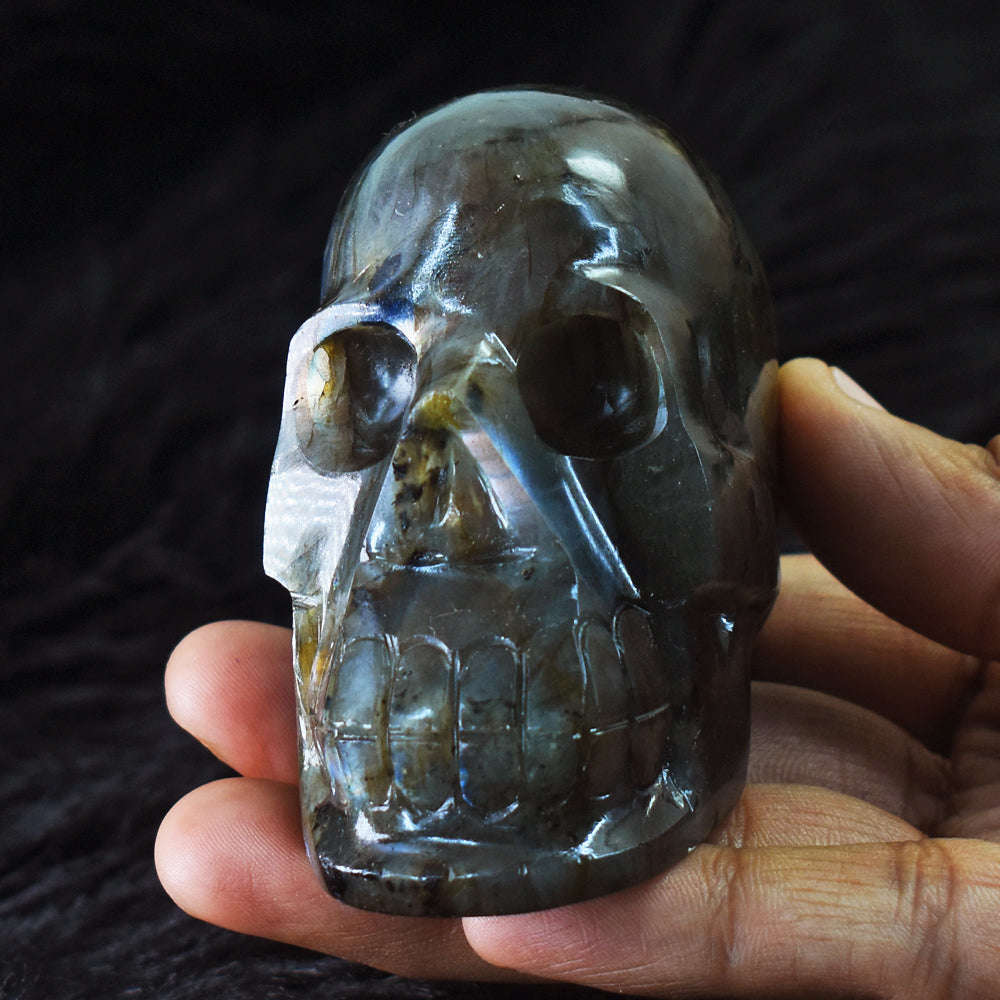 gemsmore:Gorgeous Blue & Golden Flash Labradorite Hand Carved Skull  Gemstone