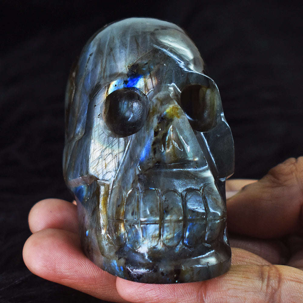 gemsmore:Gorgeous Blue & Golden Flash Labradorite Hand Carved Skull  Gemstone
