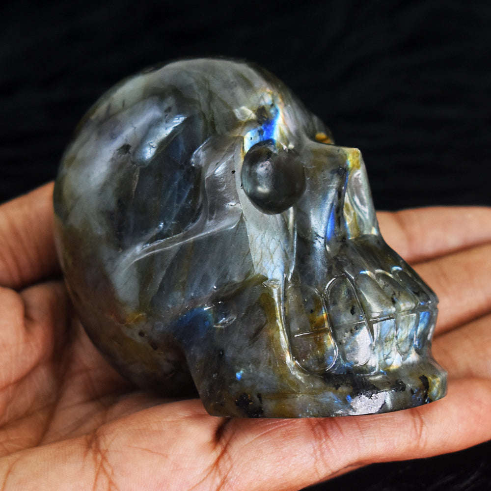 gemsmore:Gorgeous Blue & Golden Flash Labradorite Hand Carved Skull  Gemstone