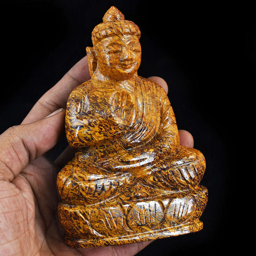 gemsmore:Gorgeous Golden Art Jasper Hand Carved Buddha Peace Idol