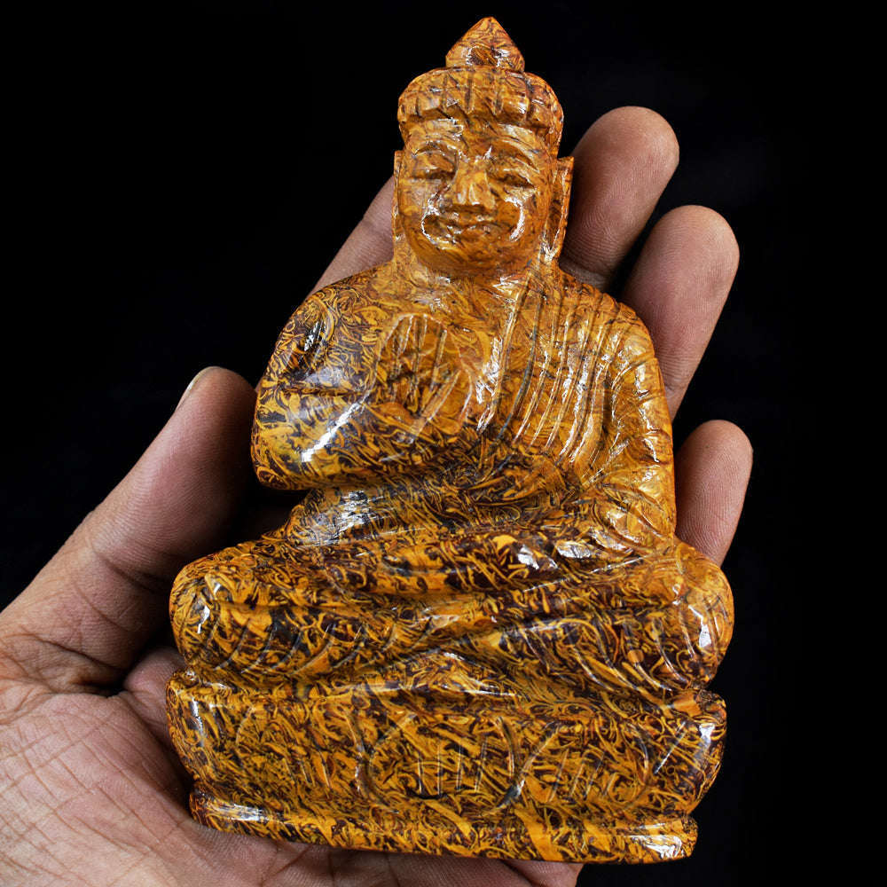 gemsmore:Gorgeous Golden Art Jasper Hand Carved Buddha Peace Idol