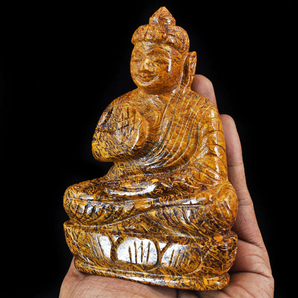 gemsmore:Gorgeous Golden Art Jasper Hand Carved Buddha Peace Idol