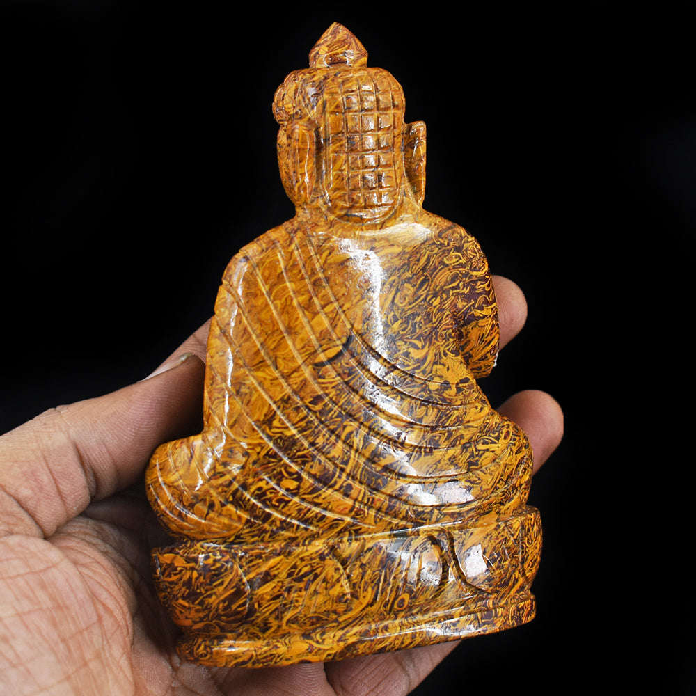 gemsmore:Gorgeous Golden Art Jasper Hand Carved Buddha Peace Idol