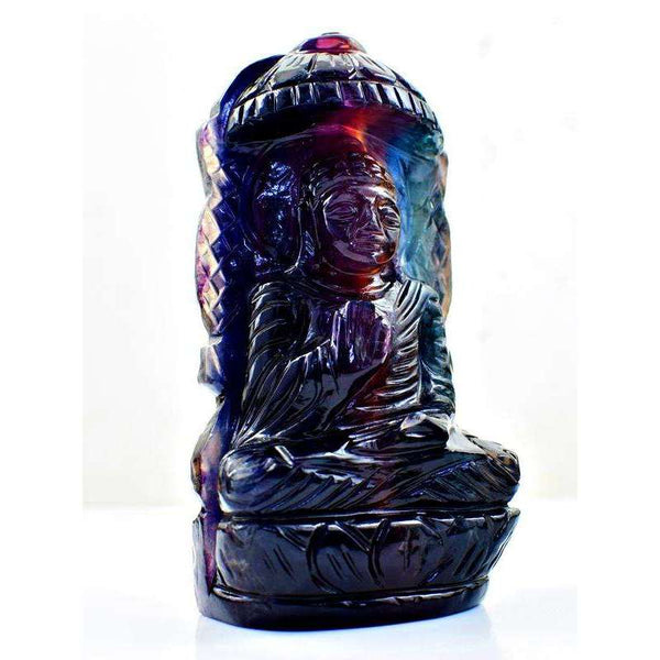 gemsmore:Gorgeous Multicolor Fluorite Carved Lord Buddha On Throne