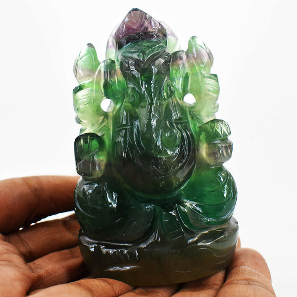 gemsmore:Gorgeous Multicolor Fluorite Hand Carved Genuine Crystal Gemstone Carving Lord Ganesha