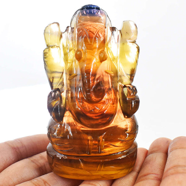 gemsmore:Gorgeous Multicolor Fluorite Hand Carved Genuine Crystal Gemstone Carving Lord Ganesha