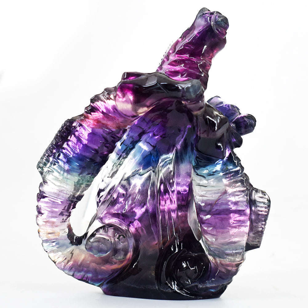 gemsmore:Gorgeous Multicolor Fluorite Hand Carved Genuine Crystal Seahorse Gemstone