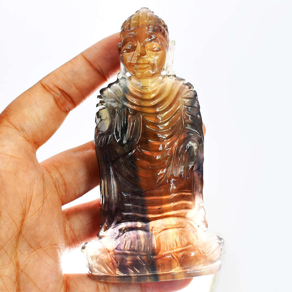 gemsmore:Gorgeous  Multicolor Fluorite Hand Carved Lord Buddha Idol