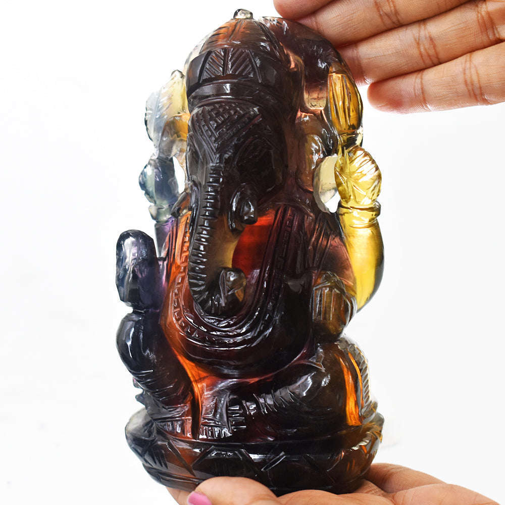 gemsmore:Gorgeous Multicolor Fluorite Hand Carved Lord Ganesha Gemstone Carving