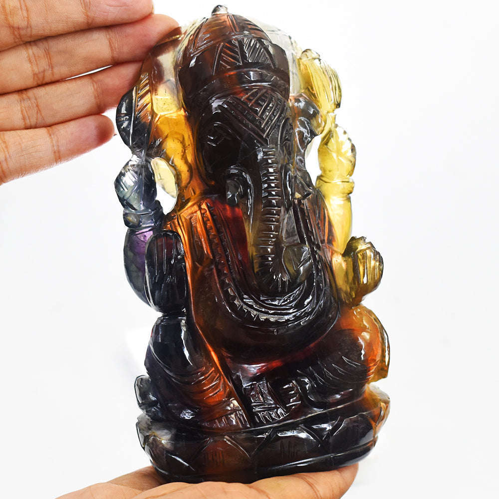 gemsmore:Gorgeous Multicolor Fluorite Hand Carved Lord Ganesha Gemstone Carving
