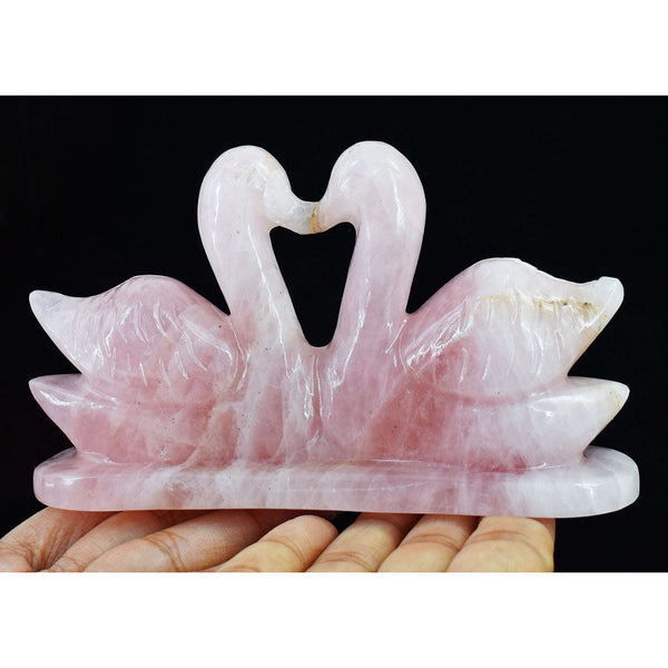 gemsmore:Gorgeous Pink Rose Quartz Hand Carved Crystal Swan Pair Carving