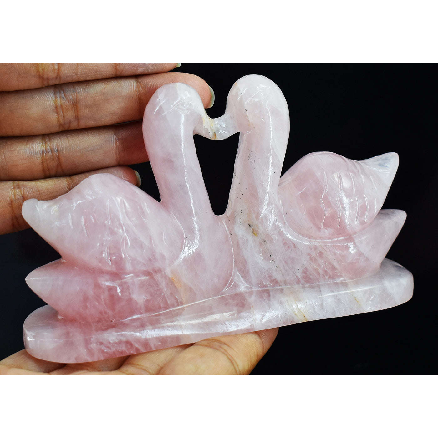 gemsmore:Gorgeous Pink Rose Quartz Hand Carved Crystal Swan Pair Carving