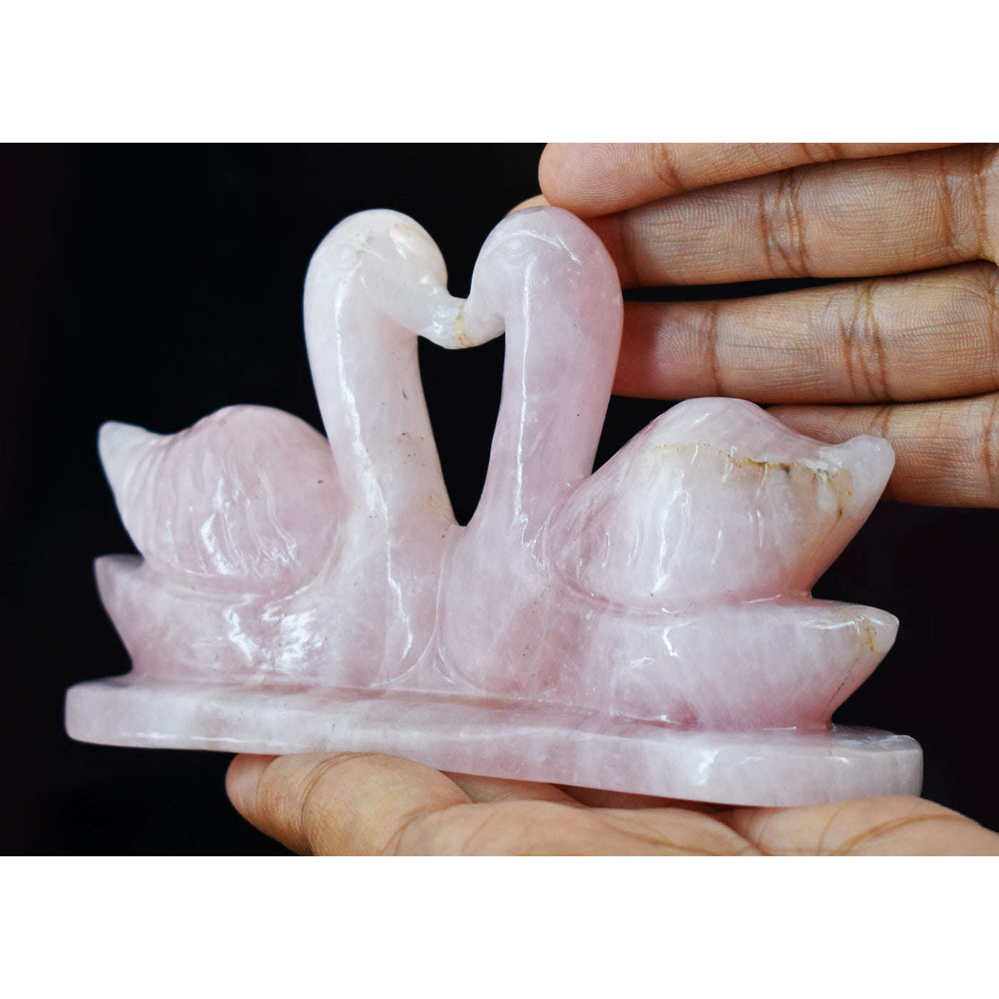 gemsmore:Gorgeous Pink Rose Quartz Hand Carved Crystal Swan Pair Carving