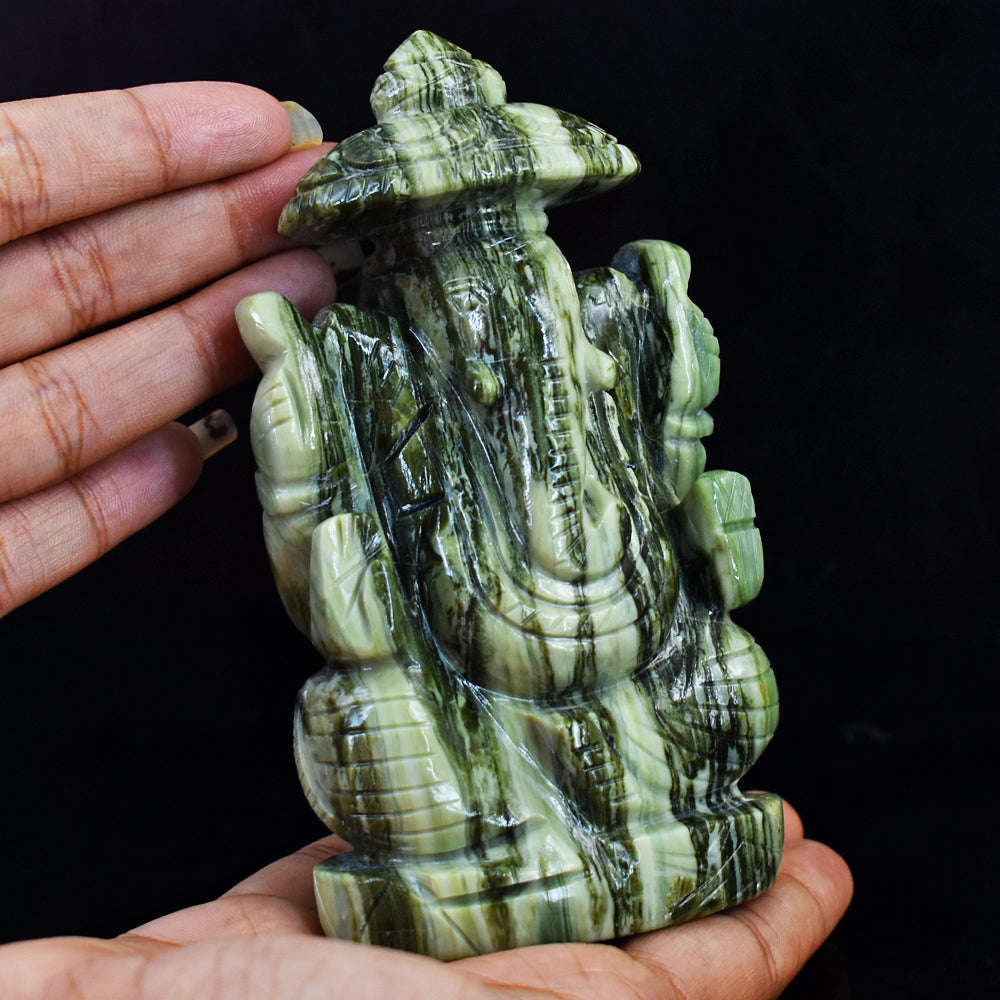 gemsmore:Gorgeous Serpentine  Hand Carved Lord Ganesha With Throne