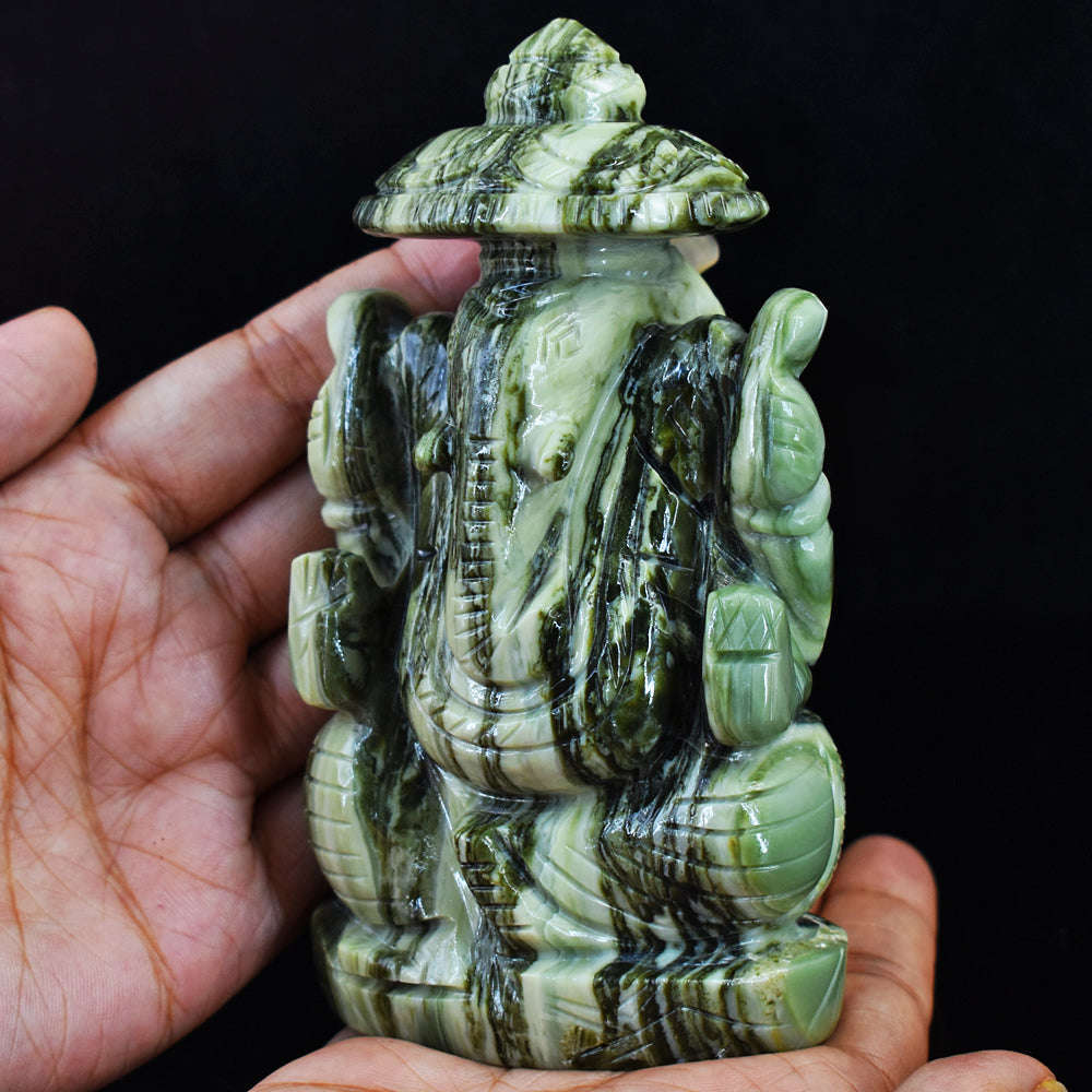 gemsmore:Gorgeous Serpentine  Hand Carved Lord Ganesha With Throne