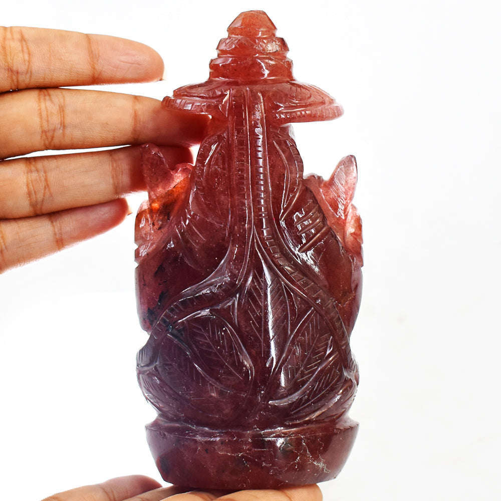 gemsmore:Gorgeous Strawberry Quartz Hand Carved Idol Lord Ganesha With Throne