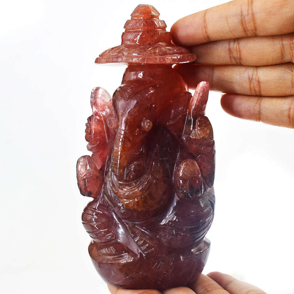 gemsmore:Gorgeous Strawberry Quartz Hand Carved Idol Lord Ganesha With Throne