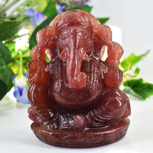 gemsmore:Gorgeous Strawberry Quartz Hand Carved Lord Ganesha