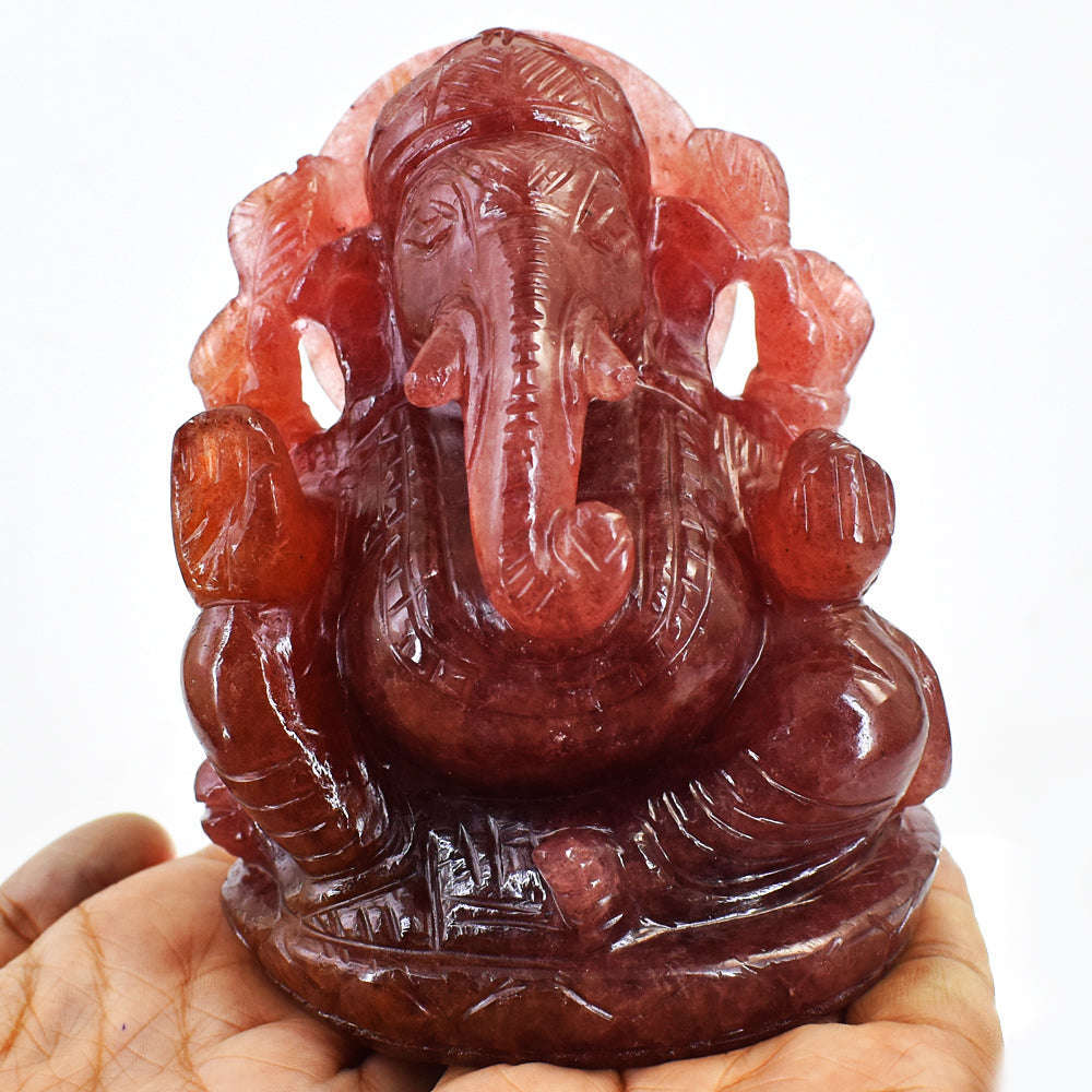 gemsmore:Gorgeous Strawberry Quartz Hand Carved Lord Ganesha