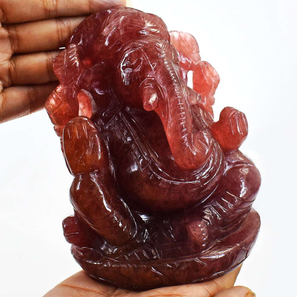 gemsmore:Gorgeous Strawberry Quartz Hand Carved Lord Ganesha