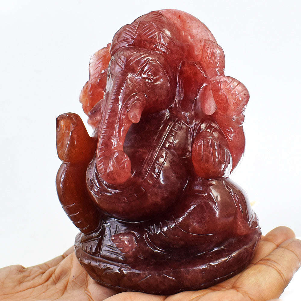 gemsmore:Gorgeous Strawberry Quartz Hand Carved Lord Ganesha