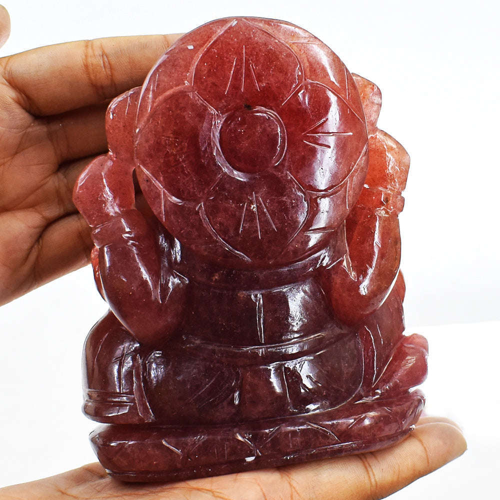 gemsmore:Gorgeous Strawberry Quartz Hand Carved Lord Ganesha