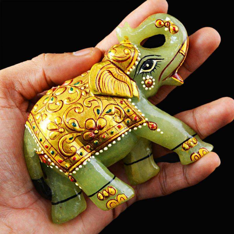 gemsmore:Green Aventurine Enamel Painted Carved Gemstone Elephant