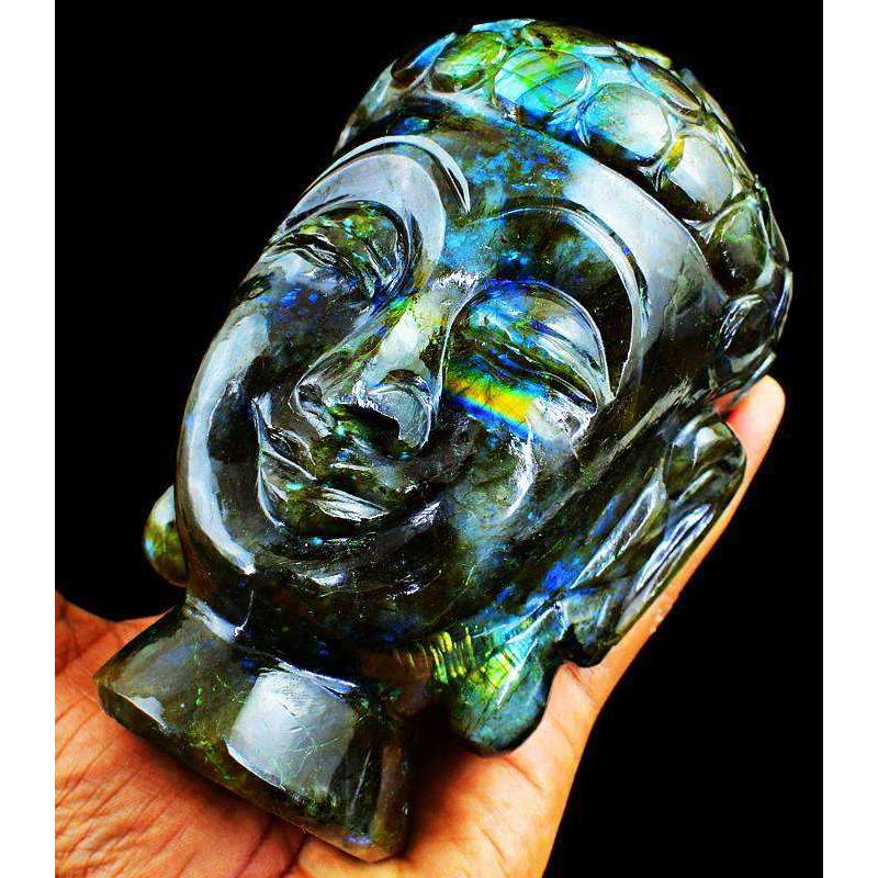 gemsmore:Green & Blue Flash Labradorite Carved Lord Buddha Head