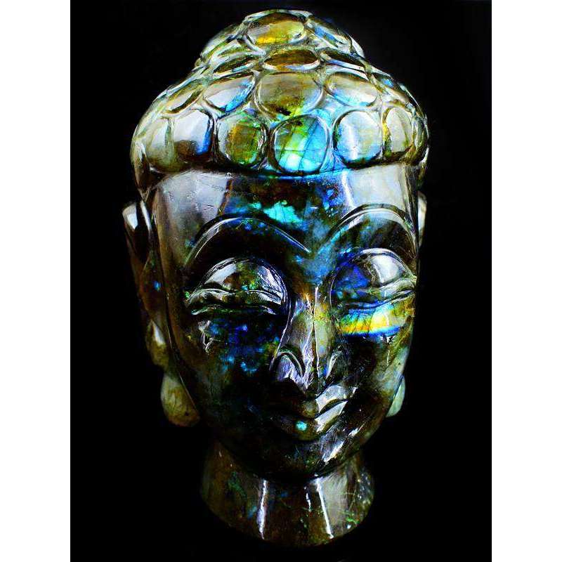 gemsmore:Green & Blue Flash Labradorite Carved Lord Buddha Head
