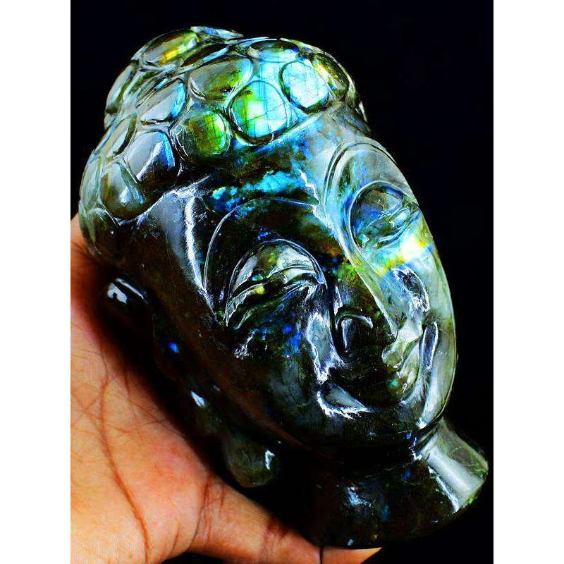 gemsmore:Green & Blue Flash Labradorite Carved Lord Buddha Head