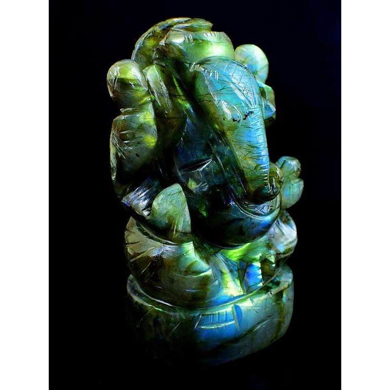 gemsmore:Green & Blue Flash Labradorite Gemstone Carved Lord Ganesha Idol