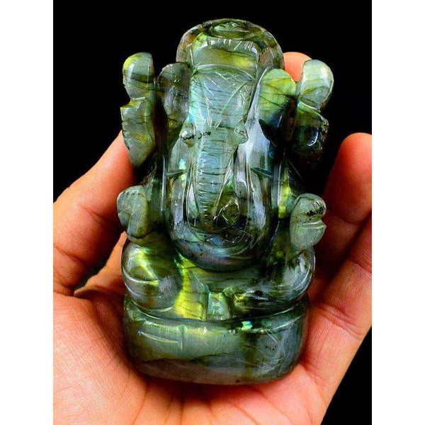 gemsmore:Green & Blue Flash Labradorite Gemstone Carved Lord Ganesha Idol