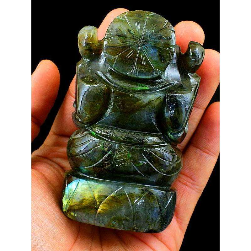 gemsmore:Green & Blue Flash Labradorite Gemstone Carved Lord Ganesha Idol