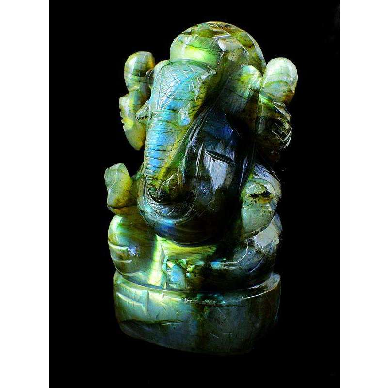 gemsmore:Green & Blue Flash Labradorite Gemstone Carved Lord Ganesha Idol