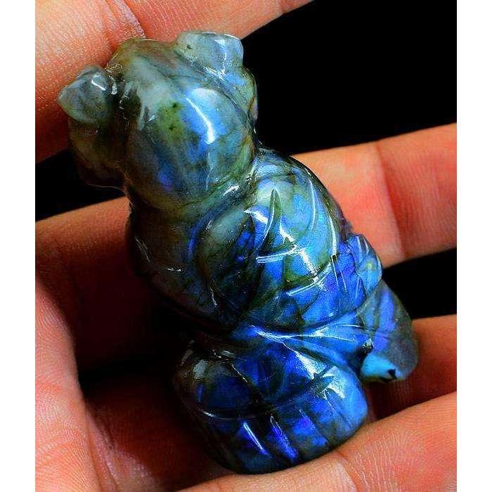 gemsmore:Green & Blue Flash Labradorite Hand Carved Gemstone Owl