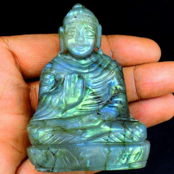 gemsmore:Green & Blue Flash Labradorite Hand Carved Lord Buddha Idol
