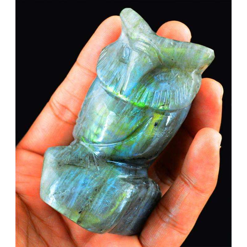 gemsmore:Green Flash Labardorite Hand Carved Gemstone Owl