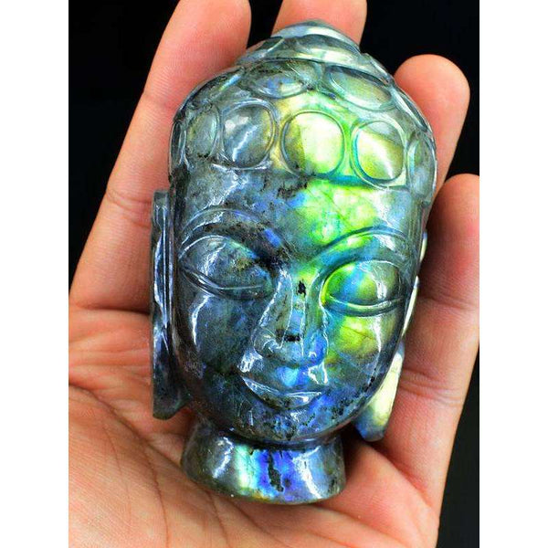 gemsmore:Green Flash Labradorite Carved Lord Buddha Head Idol