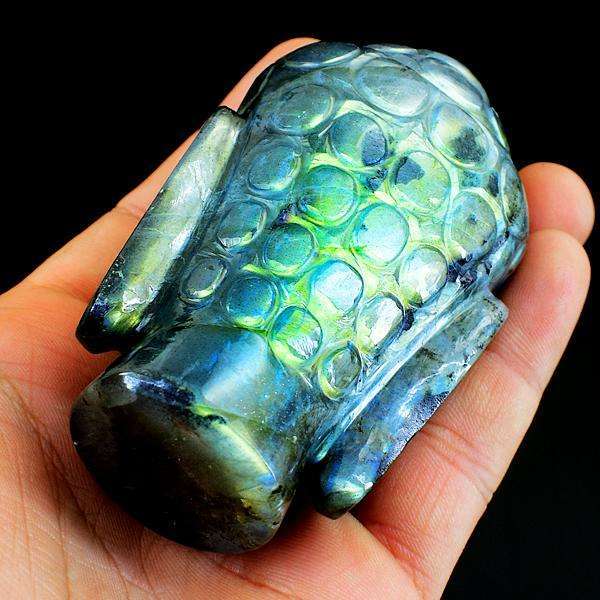 gemsmore:Green Flash Labradorite Carved Lord Buddha Head Idol