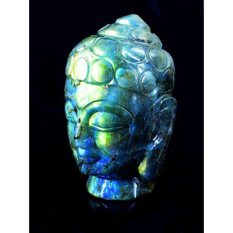 gemsmore:Green Flash Labradorite Carved Lord Buddha Head Idol