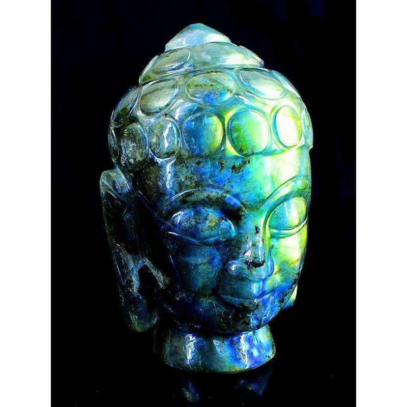 gemsmore:Green Flash Labradorite Carved Lord Buddha Head Idol